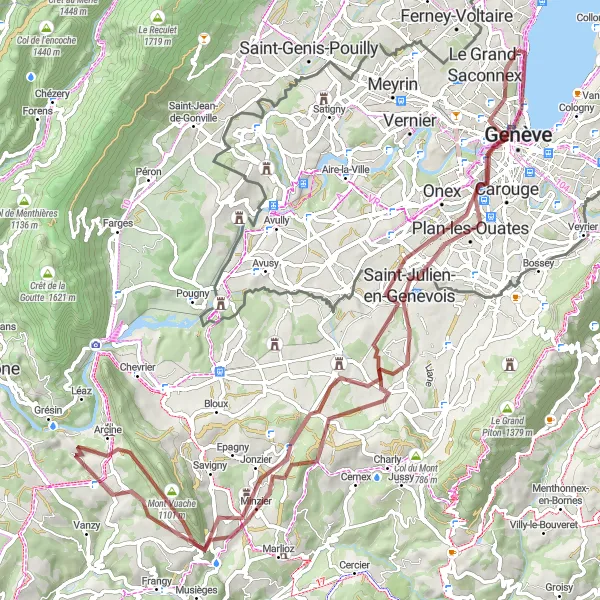 Zemljevid v pomanjšavi "Gravel Ride around Région lémanique" kolesarske inspiracije v Région lémanique, Switzerland. Generirano z načrtovalcem kolesarskih poti Tarmacs.app