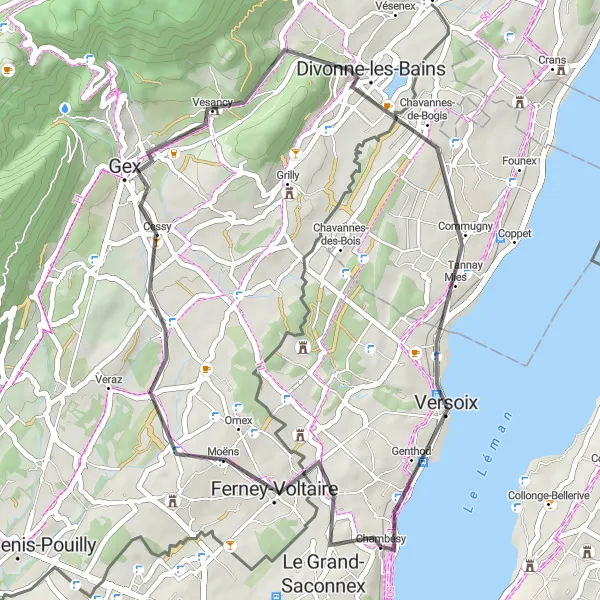 Mapa miniatúra "Cyklookruh cez Ornex a Gex" cyklistická inšpirácia v Région lémanique, Switzerland. Vygenerované cyklistickým plánovačom trás Tarmacs.app