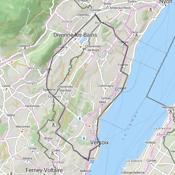 Map miniature of "The Serene Road" cycling inspiration in Région lémanique, Switzerland. Generated by Tarmacs.app cycling route planner