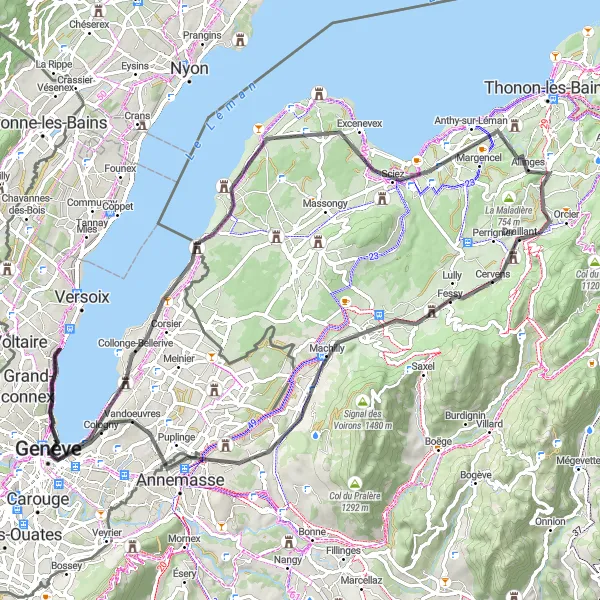 Map miniature of "Geneva Lake Scenic Road Ride" cycling inspiration in Région lémanique, Switzerland. Generated by Tarmacs.app cycling route planner