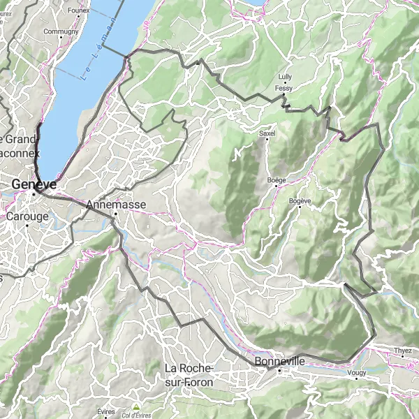 Mapa miniatúra "Cesta cez francúzske a švajčiarske vidiecke oblasti" cyklistická inšpirácia v Région lémanique, Switzerland. Vygenerované cyklistickým plánovačom trás Tarmacs.app