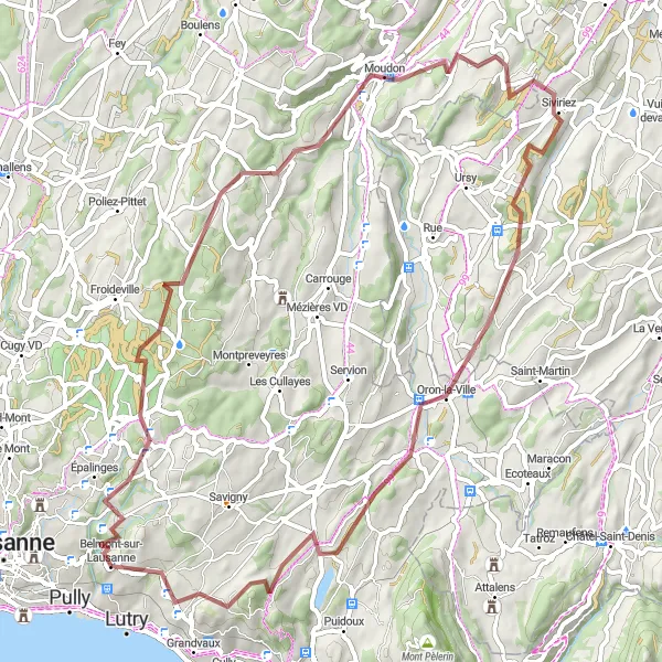 Miniatua del mapa de inspiración ciclista "Ruta de grava por Épalinges, Rossenges, Brenles y Chapelle (Glâne)" en Région lémanique, Switzerland. Generado por Tarmacs.app planificador de rutas ciclistas