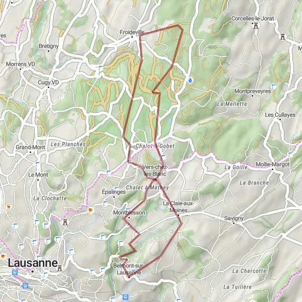 Miniatua del mapa de inspiración ciclista "Ruta de grava por Épalinges, Froideville y Belmont-sur-Lausanne" en Région lémanique, Switzerland. Generado por Tarmacs.app planificador de rutas ciclistas