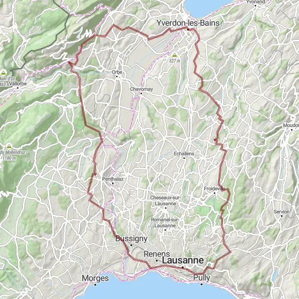 Miniatua del mapa de inspiración ciclista "Camino de Grava a Yverdon-les-Bains" en Région lémanique, Switzerland. Generado por Tarmacs.app planificador de rutas ciclistas