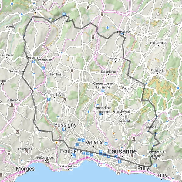 Miniatua del mapa de inspiración ciclista "Paseo en carretera por Pully, Ecublens y Belmont-sur-Lausanne" en Région lémanique, Switzerland. Generado por Tarmacs.app planificador de rutas ciclistas