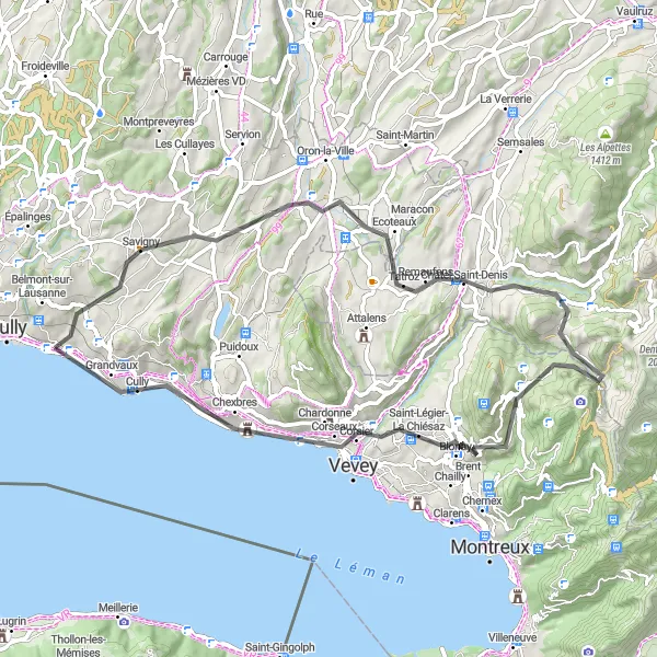 Karttaminiaatyyri "Countryside Charm Road Loop" pyöräilyinspiraatiosta alueella Région lémanique, Switzerland. Luotu Tarmacs.app pyöräilyreittisuunnittelijalla