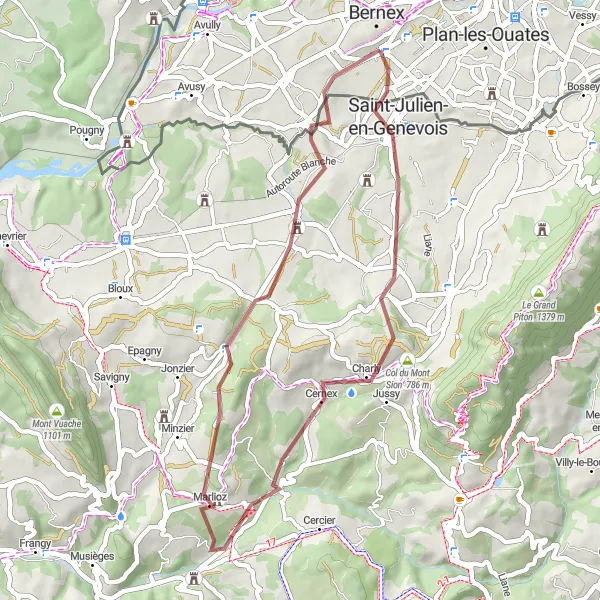 Mapa miniatúra "Krátky gravel okruh cez Marlioz" cyklistická inšpirácia v Région lémanique, Switzerland. Vygenerované cyklistickým plánovačom trás Tarmacs.app