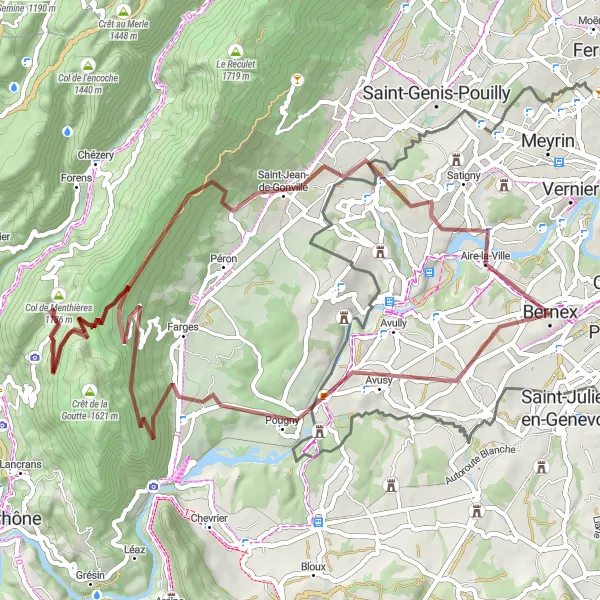 Miniatura della mappa di ispirazione al ciclismo "Esplorazione su strade sterrate intorno a Bernex" nella regione di Région lémanique, Switzerland. Generata da Tarmacs.app, pianificatore di rotte ciclistiche