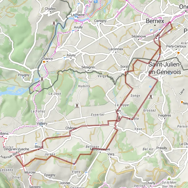 Map miniature of "Gravel Adventure around Bernex" cycling inspiration in Région lémanique, Switzerland. Generated by Tarmacs.app cycling route planner