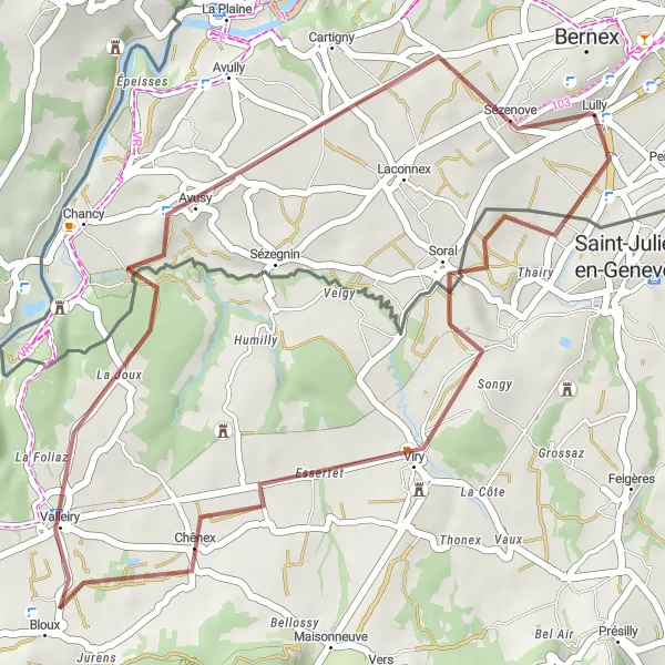 Miniatua del mapa de inspiración ciclista "Ruta de ciclismo de gravilla cerca de Bernex" en Région lémanique, Switzerland. Generado por Tarmacs.app planificador de rutas ciclistas