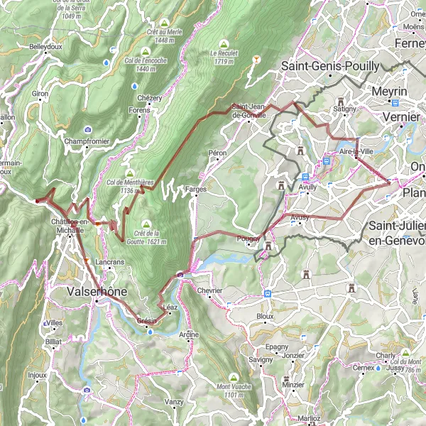 Mapa miniatúra "Gravel Tour de Bernex" cyklistická inšpirácia v Région lémanique, Switzerland. Vygenerované cyklistickým plánovačom trás Tarmacs.app