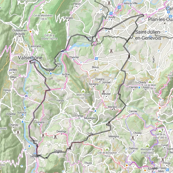 Miniatua del mapa de inspiración ciclista "Viaje en bicicleta de carretera desde Bernex a Avusy" en Région lémanique, Switzerland. Generado por Tarmacs.app planificador de rutas ciclistas