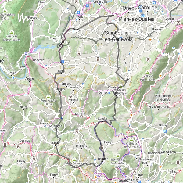 Karttaminiaatyyri "Saint-Julien-en-Genevois - Col du Mont Sion - La Balme-de-Sillingy - Réservoir de la Combe - Le Mont de Musièges - Dingy-en-Vuache - Avusy reitti" pyöräilyinspiraatiosta alueella Région lémanique, Switzerland. Luotu Tarmacs.app pyöräilyreittisuunnittelijalla