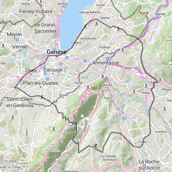 Miniatua del mapa de inspiración ciclista "Ruta de ciclismo de carretera a través de Bernex" en Région lémanique, Switzerland. Generado por Tarmacs.app planificador de rutas ciclistas