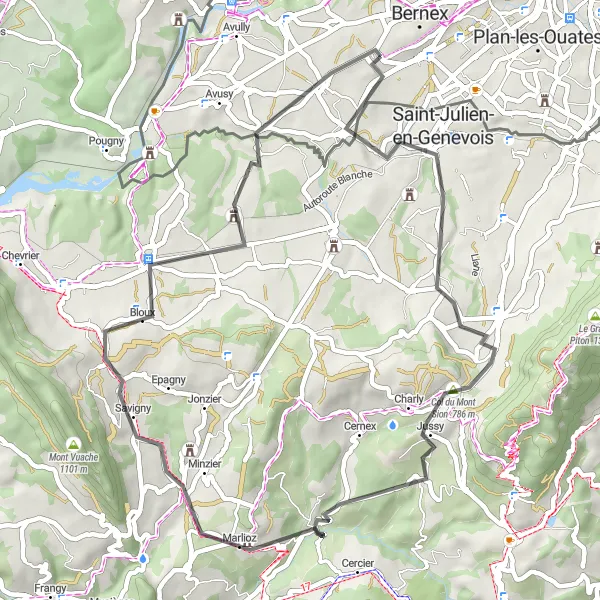 Miniatura della mappa di ispirazione al ciclismo "Giro in bici tra Saint-Julien-en-Genevois e Laconnex" nella regione di Région lémanique, Switzerland. Generata da Tarmacs.app, pianificatore di rotte ciclistiche