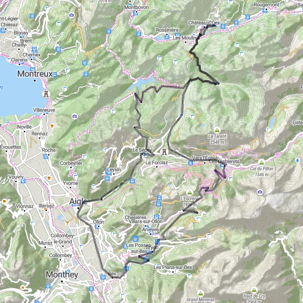 Kartminiatyr av "Fjellruten til Les Diablerets og Col de la Croix" sykkelinspirasjon i Région lémanique, Switzerland. Generert av Tarmacs.app sykkelrutoplanlegger