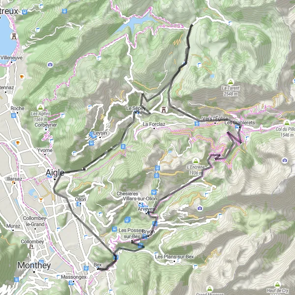 Miniaturní mapa "Náročný okruh kolem Bexu přes Les Diablerets a Gryon" inspirace pro cyklisty v oblasti Région lémanique, Switzerland. Vytvořeno pomocí plánovače tras Tarmacs.app