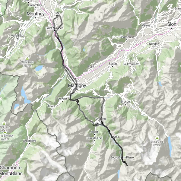 Karttaminiaatyyri "Haastava road-pyöräilyreitti Bexin lähellä" pyöräilyinspiraatiosta alueella Région lémanique, Switzerland. Luotu Tarmacs.app pyöräilyreittisuunnittelijalla