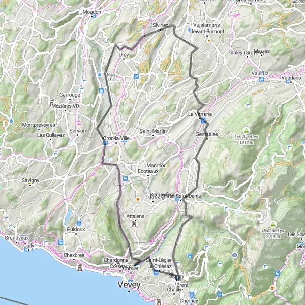 Mapa miniatúra "Zelená stopa cez Siviriez a Semsales" cyklistická inšpirácia v Région lémanique, Switzerland. Vygenerované cyklistickým plánovačom trás Tarmacs.app