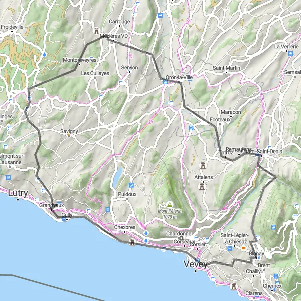 Miniatua del mapa de inspiración ciclista "Circuito de 59 km desde Blonay a Château de Blonay" en Région lémanique, Switzerland. Generado por Tarmacs.app planificador de rutas ciclistas