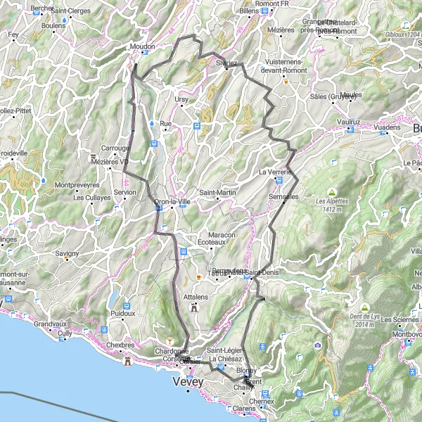 Miniature de la carte de l'inspiration cycliste "A la rencontre des villages vaudois" dans la Région lémanique, Switzerland. Générée par le planificateur d'itinéraire cycliste Tarmacs.app