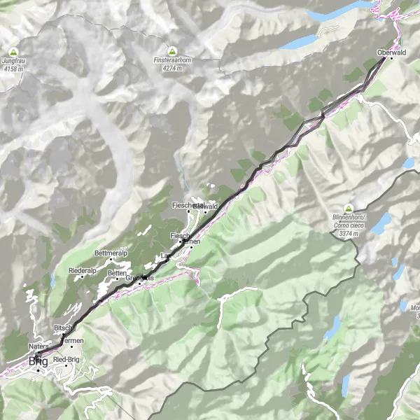 Miniatura della mappa di ispirazione al ciclismo "Esplora i paesaggi alpini in bicicletta da Brig a Bitsch" nella regione di Région lémanique, Switzerland. Generata da Tarmacs.app, pianificatore di rotte ciclistiche