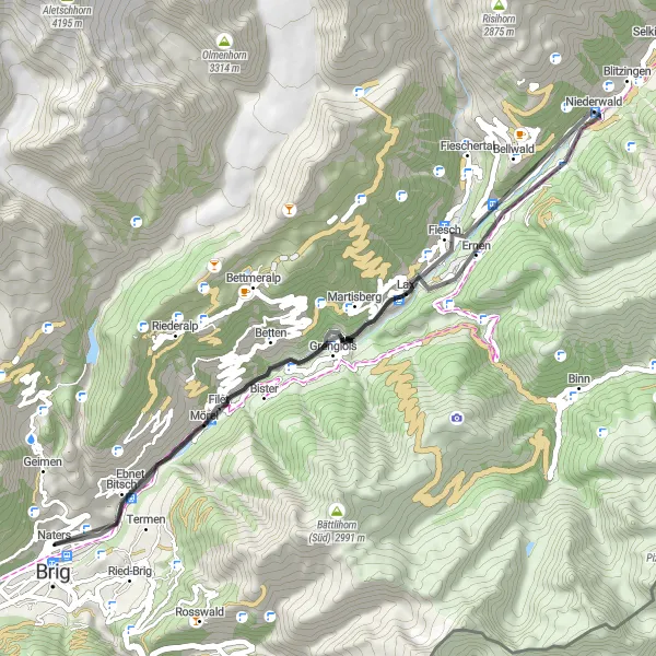 Karttaminiaatyyri "Kiehtova pyöräilyretki kohti Bellwaldia" pyöräilyinspiraatiosta alueella Région lémanique, Switzerland. Luotu Tarmacs.app pyöräilyreittisuunnittelijalla
