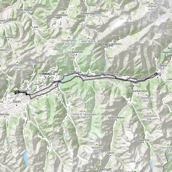 Miniature de la carte de l'inspiration cycliste "Circuit de la vallée du Rhône" dans la Région lémanique, Switzerland. Générée par le planificateur d'itinéraire cycliste Tarmacs.app