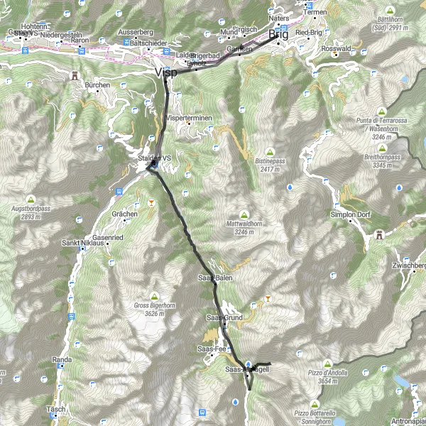 Miniatuurkaart van de fietsinspiratie "Panoramische Saastal tour" in Région lémanique, Switzerland. Gemaakt door de Tarmacs.app fietsrouteplanner