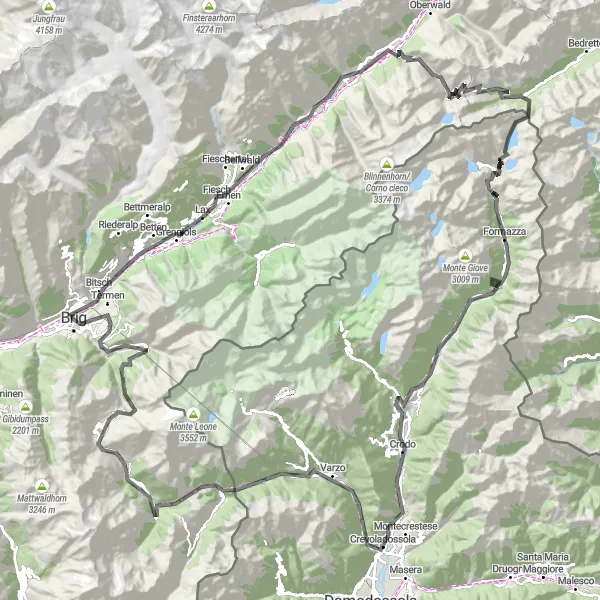 Zemljevid v pomanjšavi "Road Cycling Route: Brig - Stockalperschloss - Nufenenpass - Toce Falls" kolesarske inspiracije v Région lémanique, Switzerland. Generirano z načrtovalcem kolesarskih poti Tarmacs.app