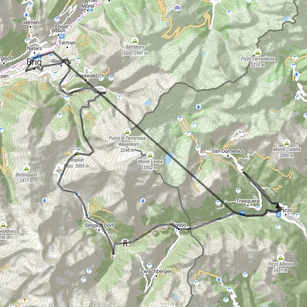 Miniatua del mapa de inspiración ciclista "Ruta de ciclismo de carretera Brig - Simplon Pass - Gondo - Brig" en Région lémanique, Switzerland. Generado por Tarmacs.app planificador de rutas ciclistas