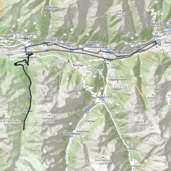 Map miniature of "Oberwallis Loop" cycling inspiration in Région lémanique, Switzerland. Generated by Tarmacs.app cycling route planner