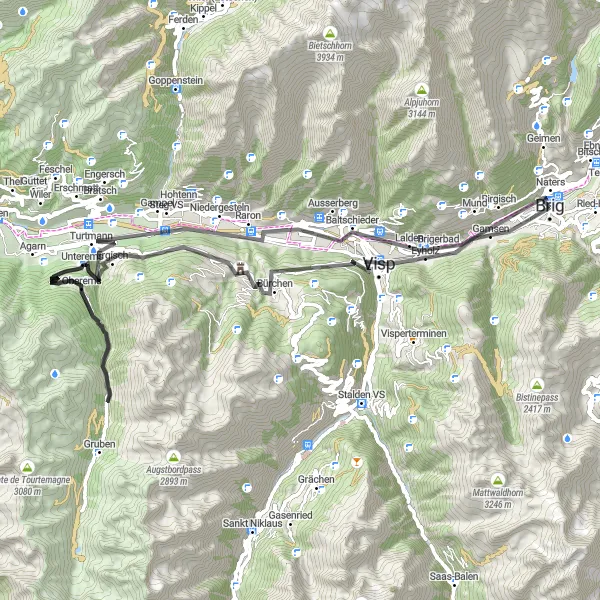 Miniatura della mappa di ispirazione al ciclismo "Tour della valle di Baltschieder" nella regione di Région lémanique, Switzerland. Generata da Tarmacs.app, pianificatore di rotte ciclistiche