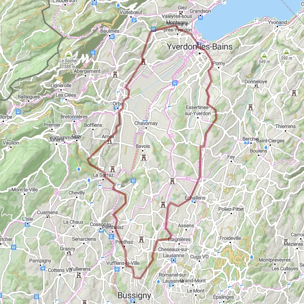 Miniatua del mapa de inspiración ciclista "Ruta de Grava a través de Orbe y Yverdon-les-Bains" en Région lémanique, Switzerland. Generado por Tarmacs.app planificador de rutas ciclistas