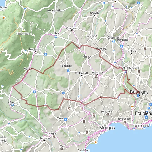 Miniatuurkaart van de fietsinspiratie "Grindtocht van Bussigny naar Vufflens-la-Ville" in Région lémanique, Switzerland. Gemaakt door de Tarmacs.app fietsrouteplanner