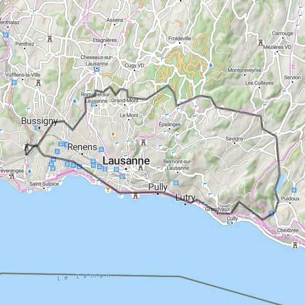 Zemljevid v pomanjšavi "Kolesarska tura okoli Région lémanique" kolesarske inspiracije v Région lémanique, Switzerland. Generirano z načrtovalcem kolesarskih poti Tarmacs.app