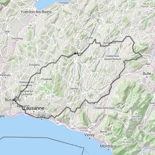 Miniatura della mappa di ispirazione al ciclismo "Alla scoperta della regione" nella regione di Région lémanique, Switzerland. Generata da Tarmacs.app, pianificatore di rotte ciclistiche