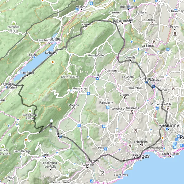 Kartminiatyr av "Sjöar och bergsområden" cykelinspiration i Région lémanique, Switzerland. Genererad av Tarmacs.app cykelruttplanerare