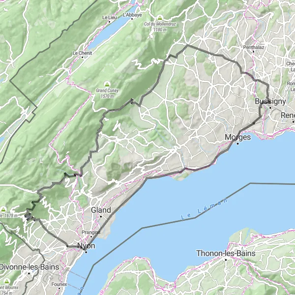 Map miniature of "Bussigny to Nyon and Beyond" cycling inspiration in Région lémanique, Switzerland. Generated by Tarmacs.app cycling route planner