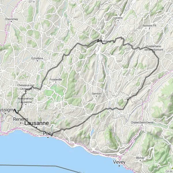 Zemljevid v pomanjšavi "Pustolovska kolesarska pot skozi hribe v bližini Bussignyja" kolesarske inspiracije v Région lémanique, Switzerland. Generirano z načrtovalcem kolesarskih poti Tarmacs.app