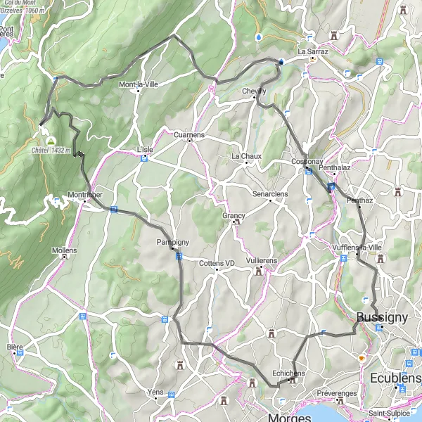 Map miniature of "Bussigny to Cossonay Loop" cycling inspiration in Région lémanique, Switzerland. Generated by Tarmacs.app cycling route planner