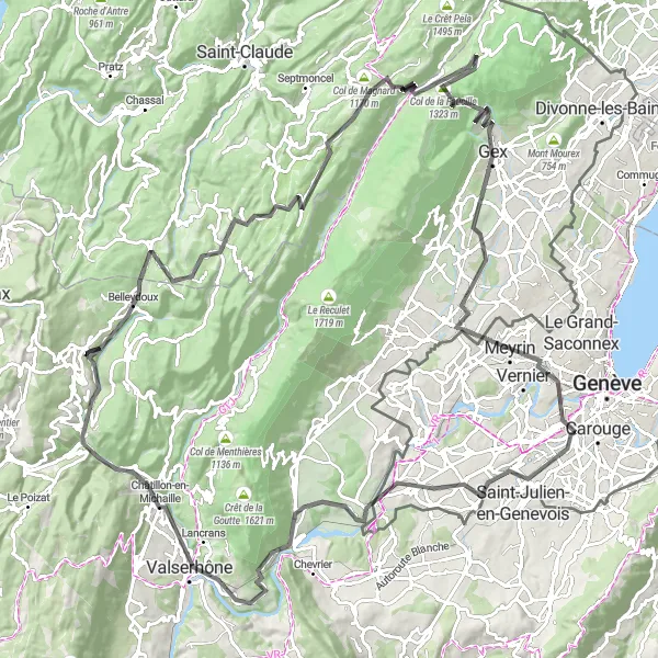Karttaminiaatyyri "Plan-les-Ouates-Le Signal-Léaz-Perte de la Valserine-Saint-Germain-de-Joux-Belleydoux-Col de Sur la Semine-Bellecombe-Col de Magnard-Col de la Faucille-Portes Sarrazines-Saint-Genis-Pouilly-Châtelaine" pyöräilyinspiraatiosta alueella Région lémanique, Switzerland. Luotu Tarmacs.app pyöräilyreittisuunnittelijalla