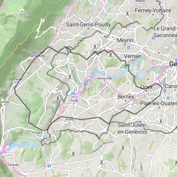 Map miniature of "Geneva Countryside" cycling inspiration in Région lémanique, Switzerland. Generated by Tarmacs.app cycling route planner