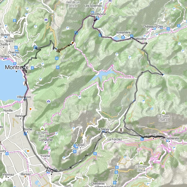 Miniaturekort af cykelinspirationen "Caux - Col des Mosses - Montbovon Cykeltur" i Région lémanique, Switzerland. Genereret af Tarmacs.app cykelruteplanlægger