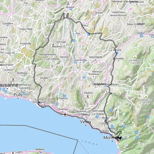 Map miniature of "Vineyards and Mountain Passes" cycling inspiration in Région lémanique, Switzerland. Generated by Tarmacs.app cycling route planner