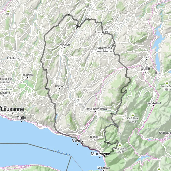 Map miniature of "Fribourg Hills" cycling inspiration in Région lémanique, Switzerland. Generated by Tarmacs.app cycling route planner