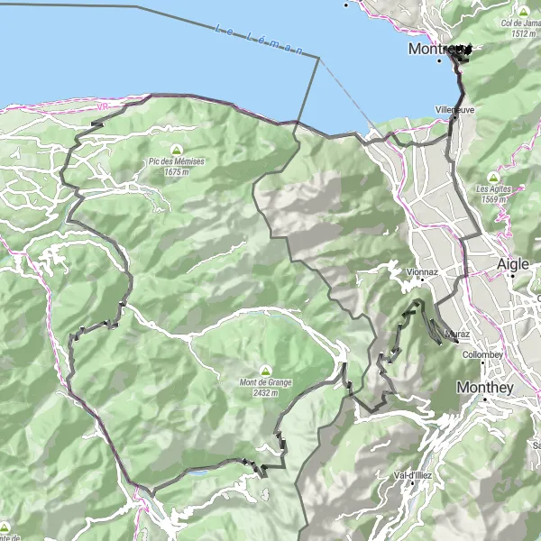 Map miniature of "Mountain Challenge" cycling inspiration in Région lémanique, Switzerland. Generated by Tarmacs.app cycling route planner