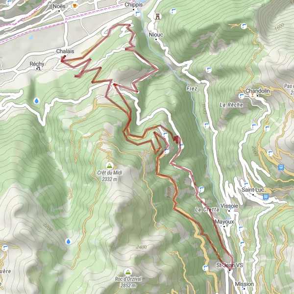 Miniatura della mappa di ispirazione al ciclismo "Percorso in gravel da Chippis a Chalais" nella regione di Région lémanique, Switzerland. Generata da Tarmacs.app, pianificatore di rotte ciclistiche