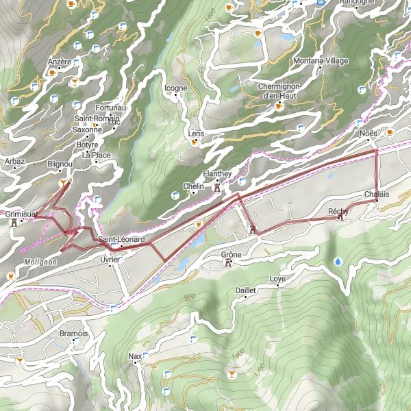 Miniature de la carte de l'inspiration cycliste "Découverte des sentiers gravel de Réchy" dans la Région lémanique, Switzerland. Générée par le planificateur d'itinéraire cycliste Tarmacs.app