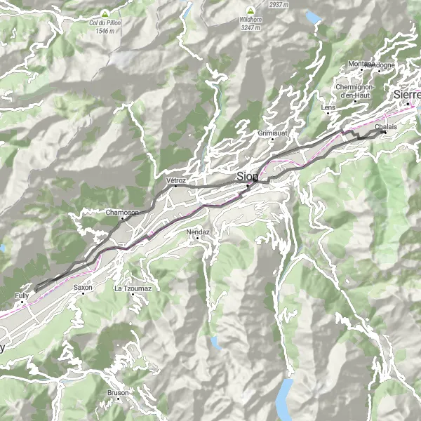 Map miniature of "Chalais Road and Vineyards Loop" cycling inspiration in Région lémanique, Switzerland. Generated by Tarmacs.app cycling route planner